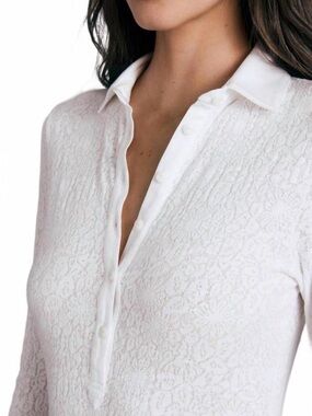 rag & bone White Lace-Texture Button Down Henley Top